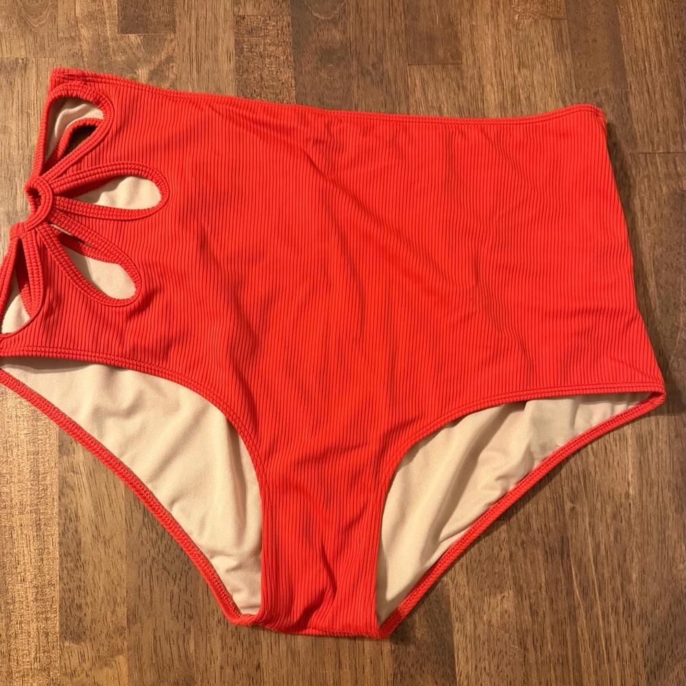 Kortni Jeane Ribbed Lava Red Flower Cut Out Swim Bottoms, XL